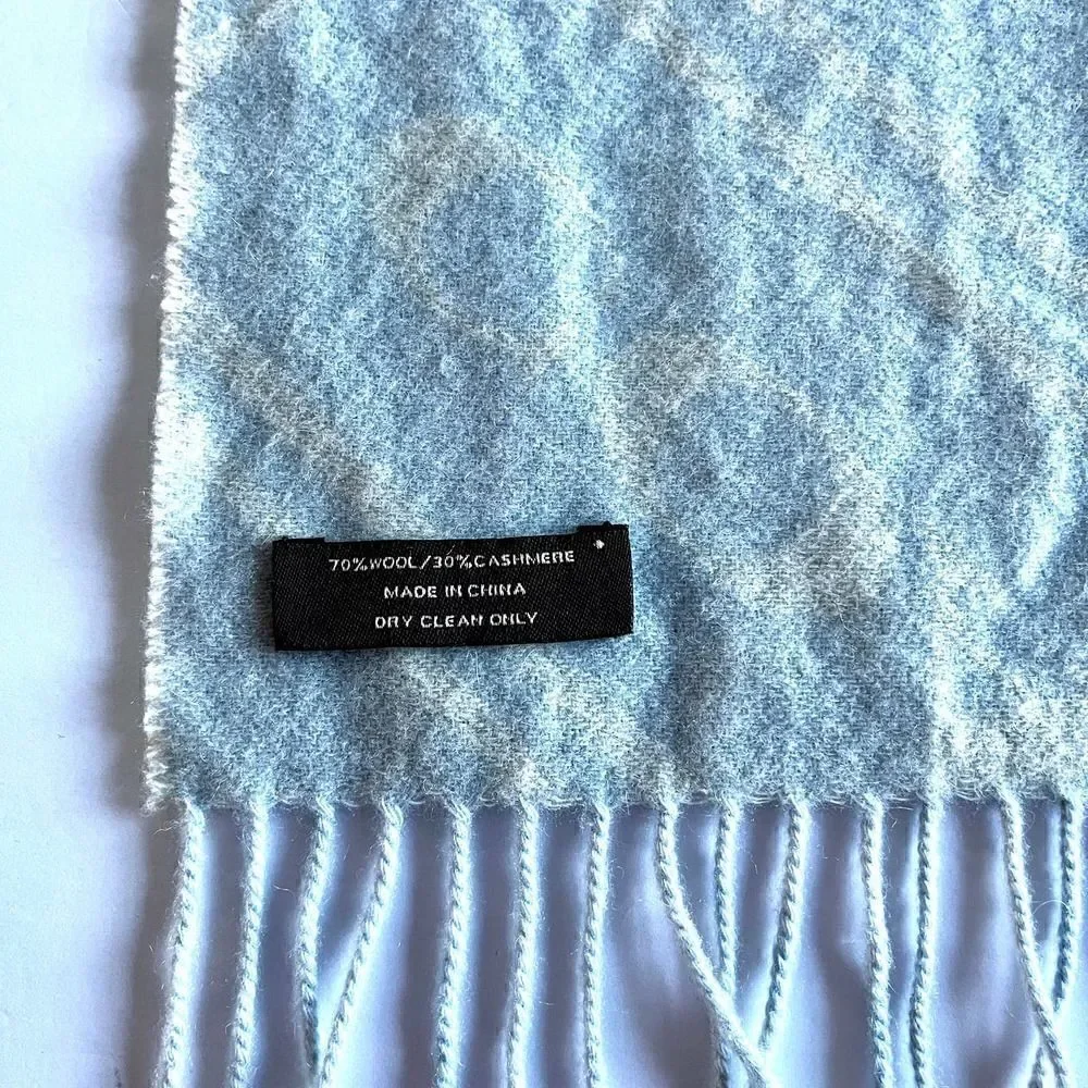 Coach Cashmere and Wool Logo Fringe Scarf Light Blue and Ivory Muffler Scarf